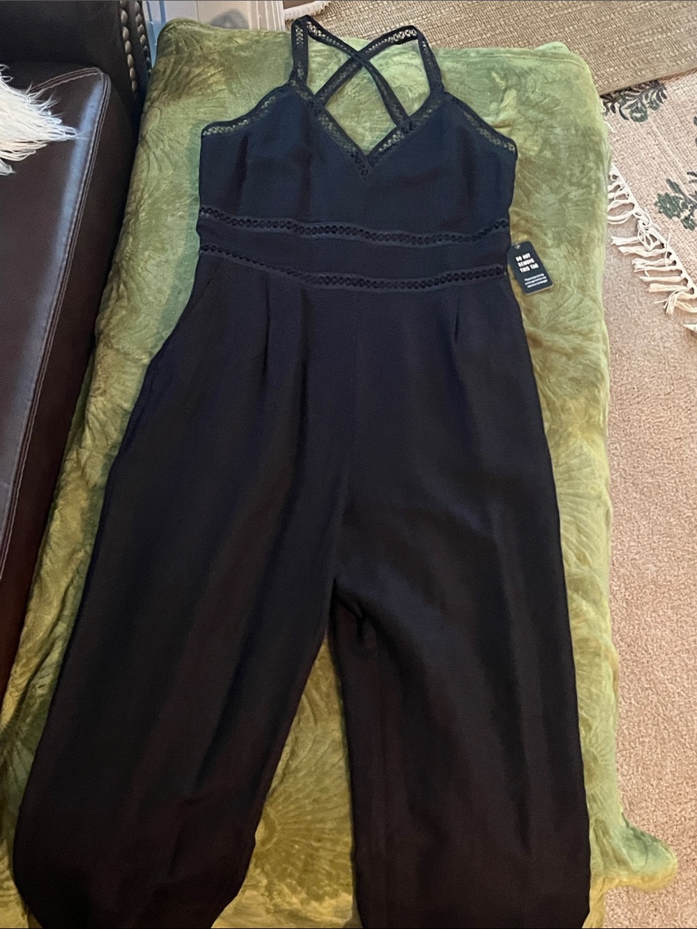Black Lace-Trim Crisscross Strap Jumpsuit
